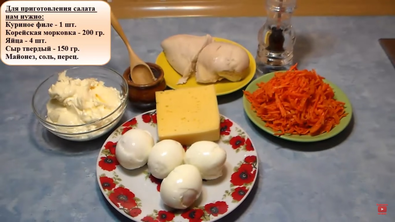 Салат с корейской морковкой курицей и овощами. Салат с корейской морковкой, огурцом и курицей.